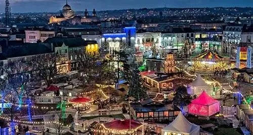 aerial galway city with festive lights