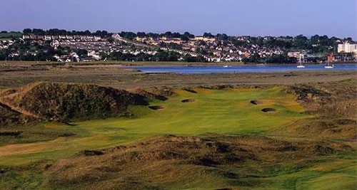 town in background island golf club in foreground