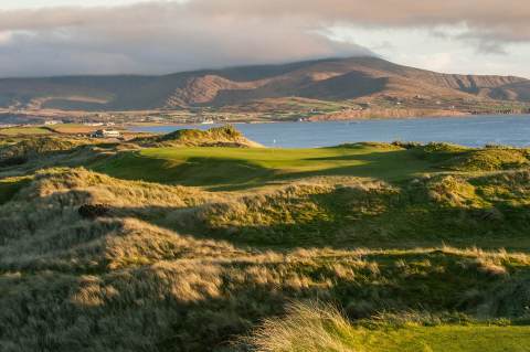 Links style golf course with sea and mountain views in Ireland