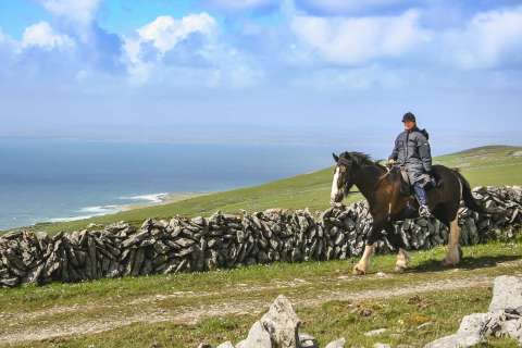 horse rider beside stone wall and coast