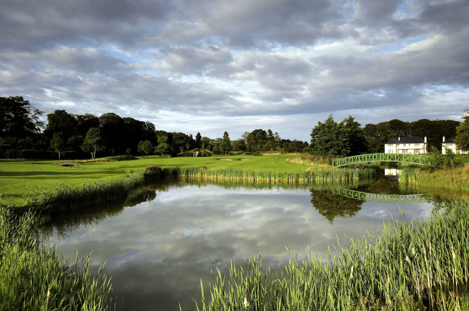 Front view of golf course with lake and reeds with a green walking bridge.
