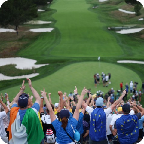 Crowd cheering at a golf event with green fairway in the background